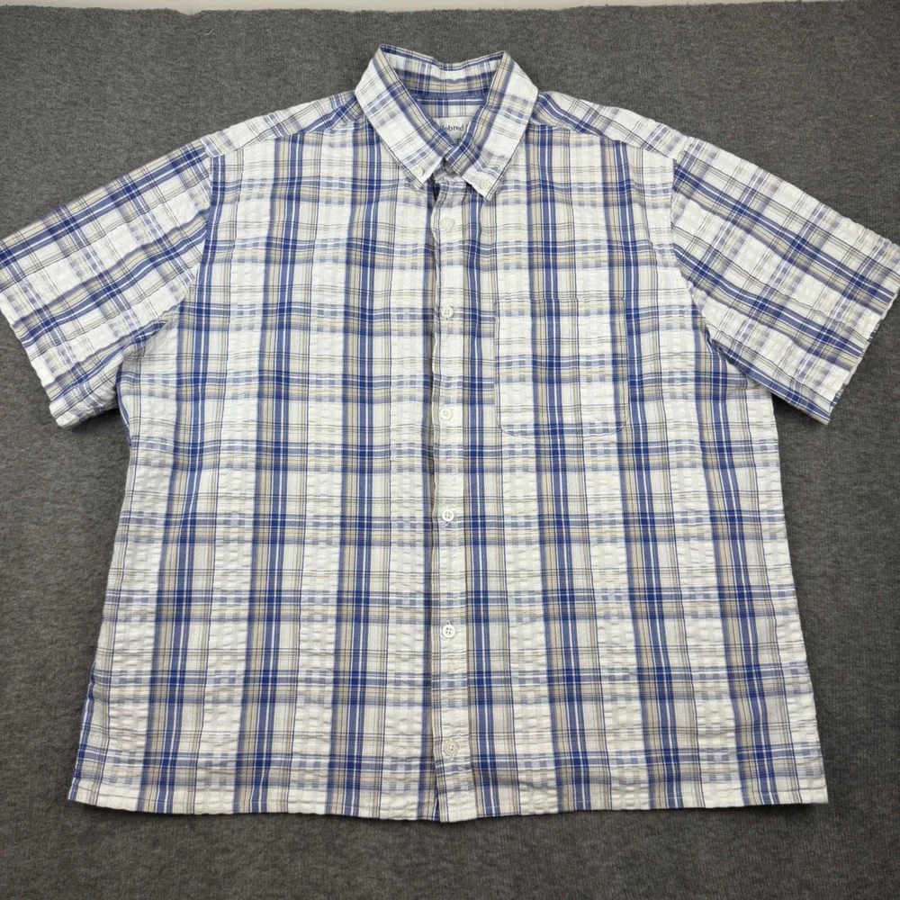 Saddlebred Button Down Shirt‎ Mens L Blue Plaid Seersucker Texture Short Sleeve